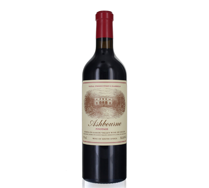 A bottle of Ashbourne Pinotage, a premium red wine from Hamilton Russell Vineyards in South Africa, 750ml, with a deep cherry or ruby color.