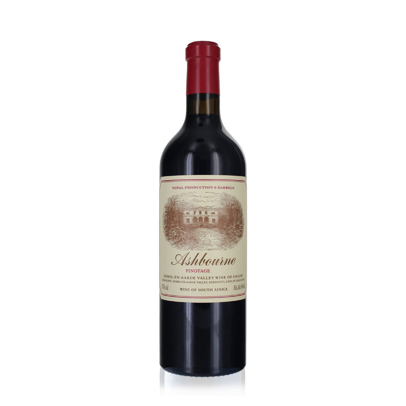 A bottle of Ashbourne Pinotage, a premium red wine from Hamilton Russell Vineyards in South Africa, 750ml, with a deep cherry or ruby color.
