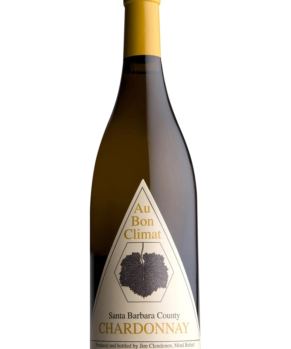 A bottle of Au Bon Climat Santa Barbara County Chardonnay, a 750ml crisp white wine with a pale yellow or golden color.