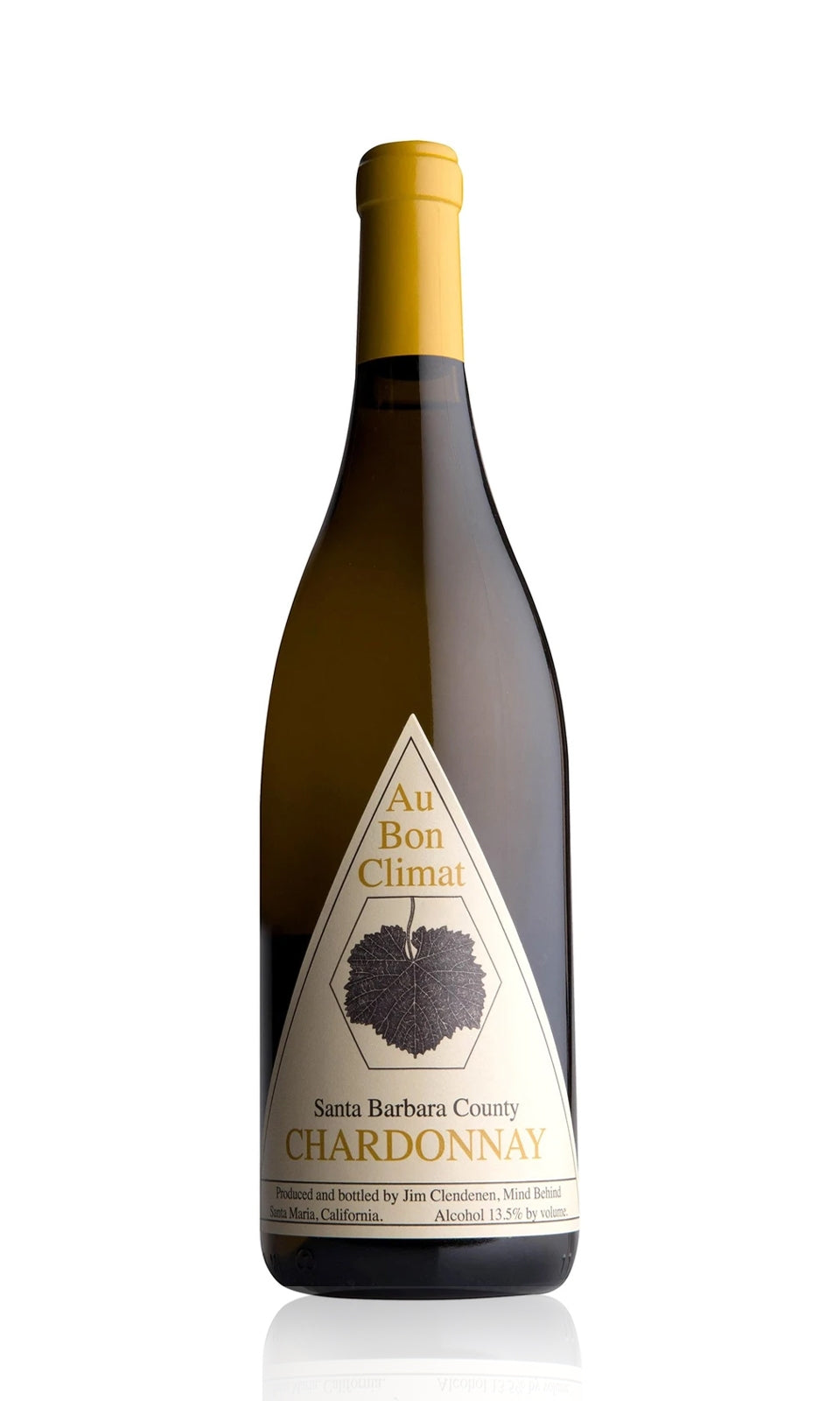 A bottle of Au Bon Climat Santa Barbara County Chardonnay, a 750ml crisp white wine with a pale yellow or golden color.