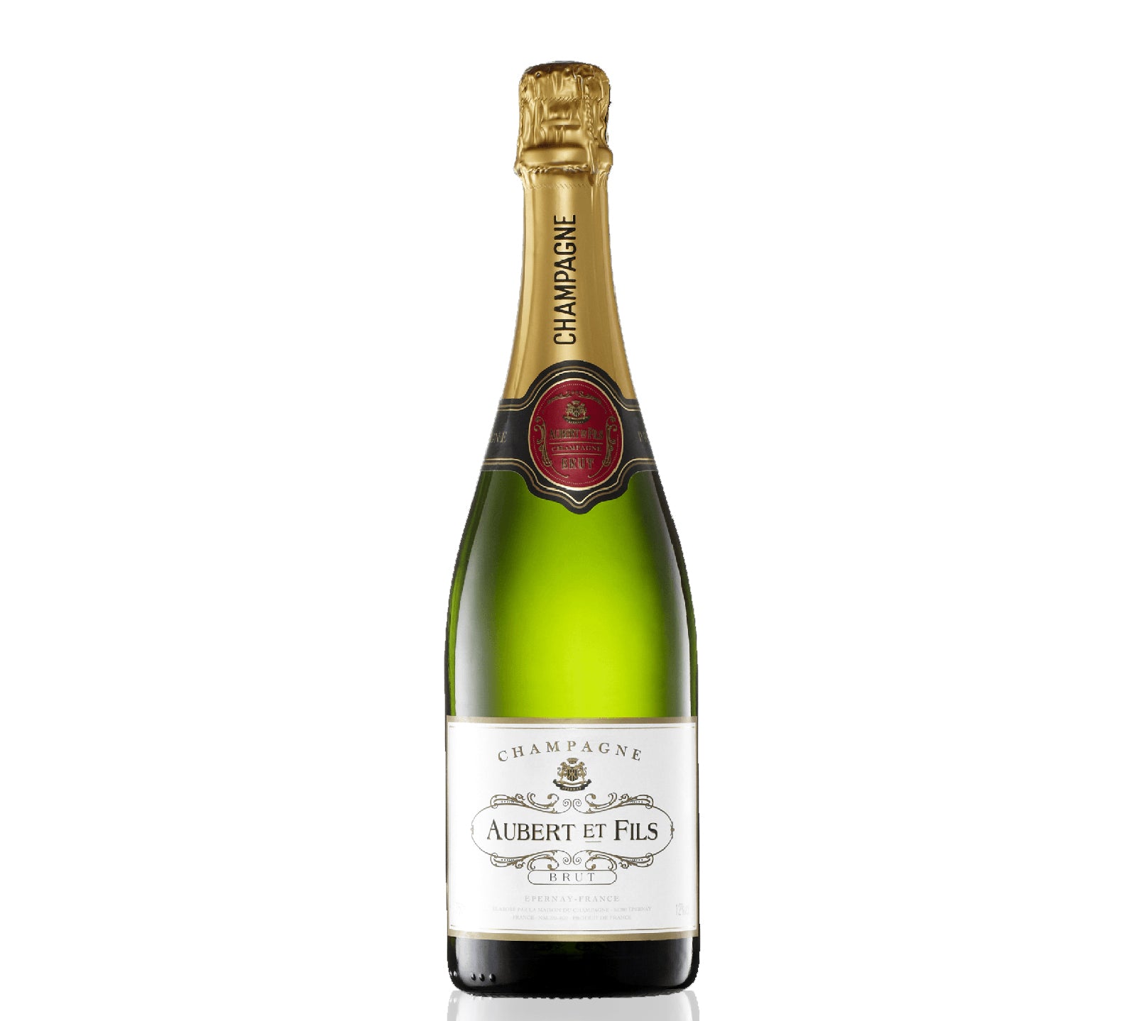 Bottle of Aubert & Fils Champagne Brut, 750ml — classic French sparkling wine with a pale-golden hue and fine, persistent mousse, ideal for celebrations.
