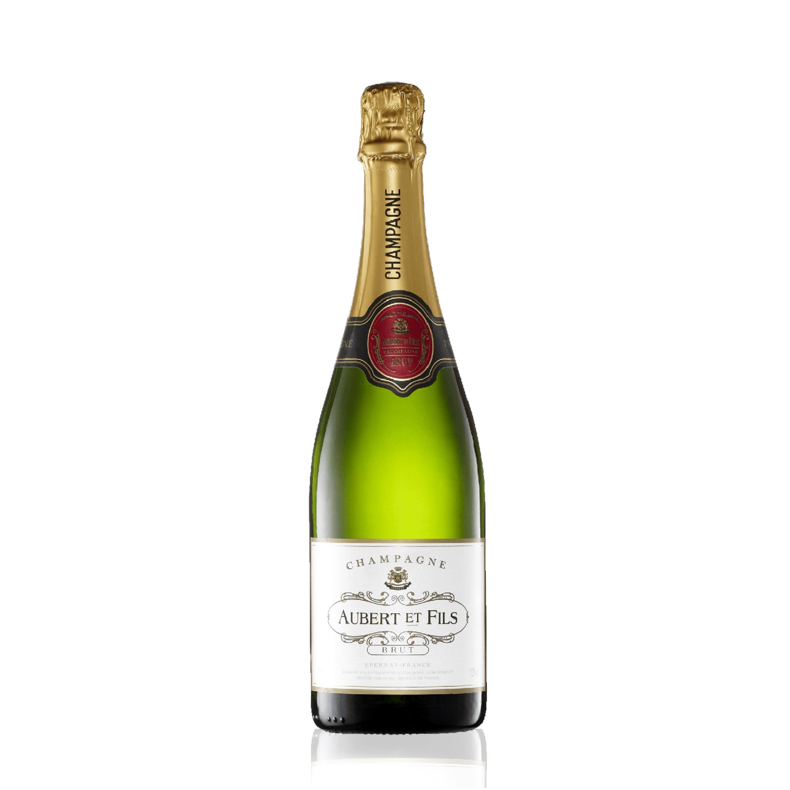 Bottle of Aubert & Fils Champagne Brut, 750ml — classic French sparkling wine with a pale-golden hue and fine, persistent mousse, ideal for celebrations.