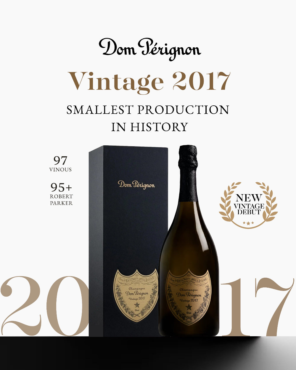 Dom Perignon 2017 vintage champagne bottle and box with accolades on a white background
