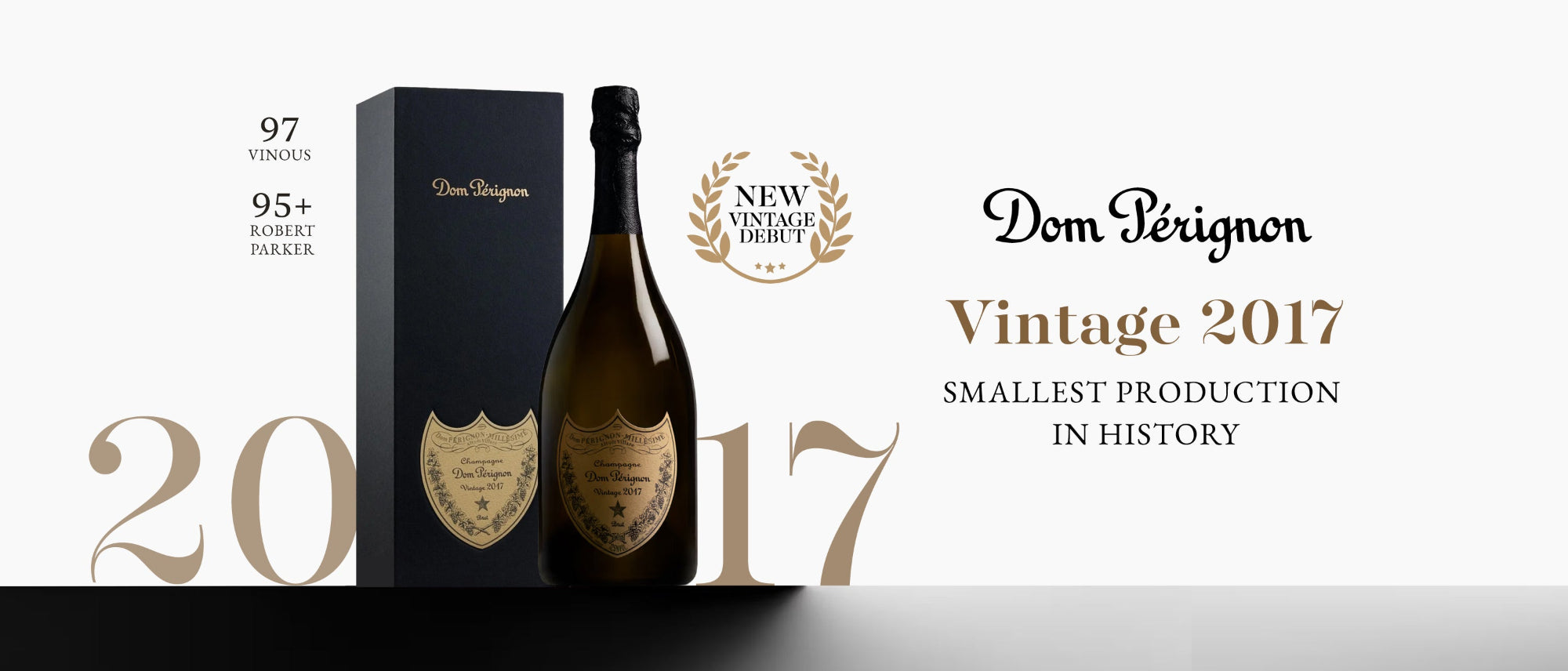 Dom Perignon 2017 vintage champagne bottle and box on a white background