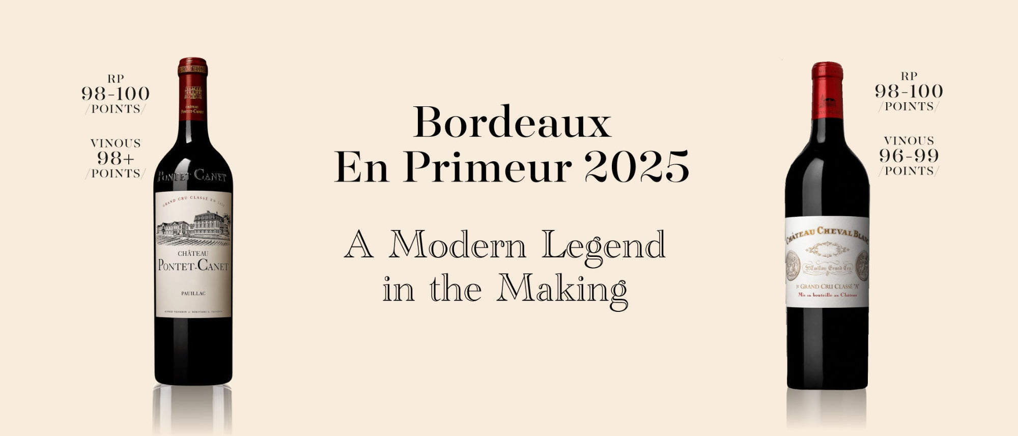 Two bottles of Bordeaux wine with text about the 2025 vintage on a beige background.