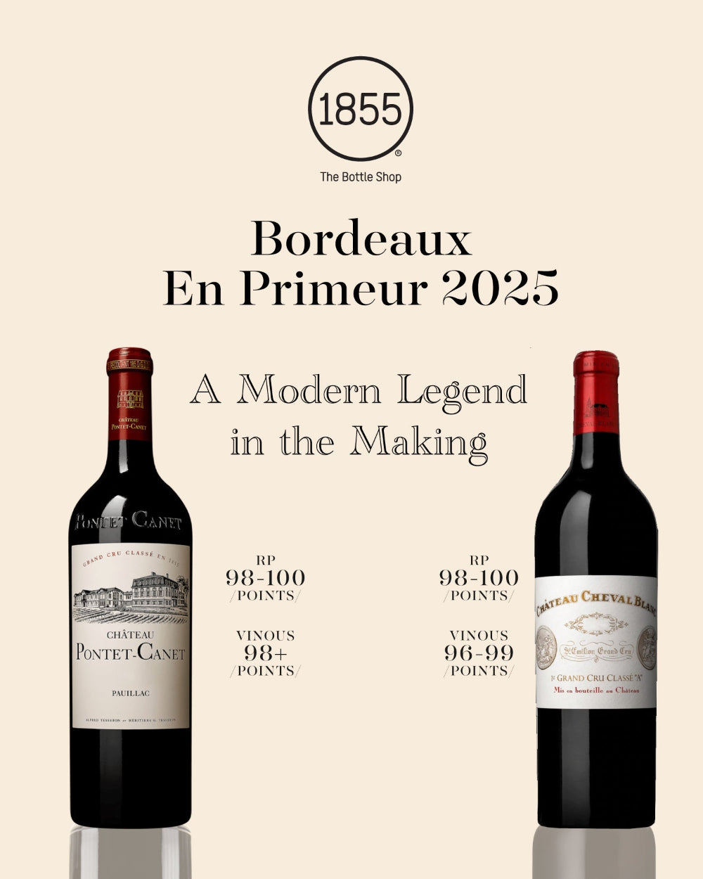 Two bottles of wine with 1855 Bordeaux En Primeur 2025 labels on a beige background.