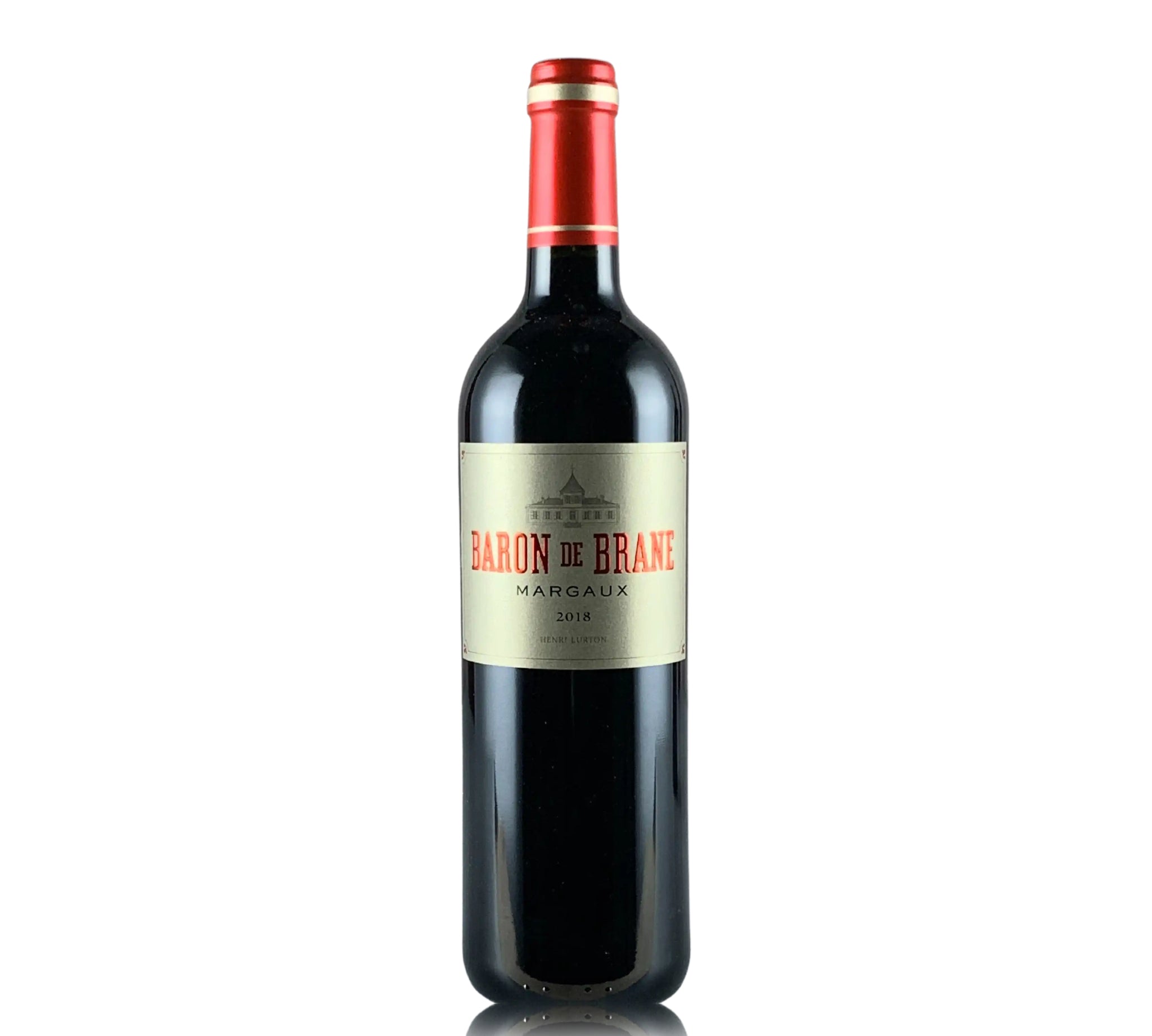 A bottle of Baron de Brane Margaux 2018 red wine