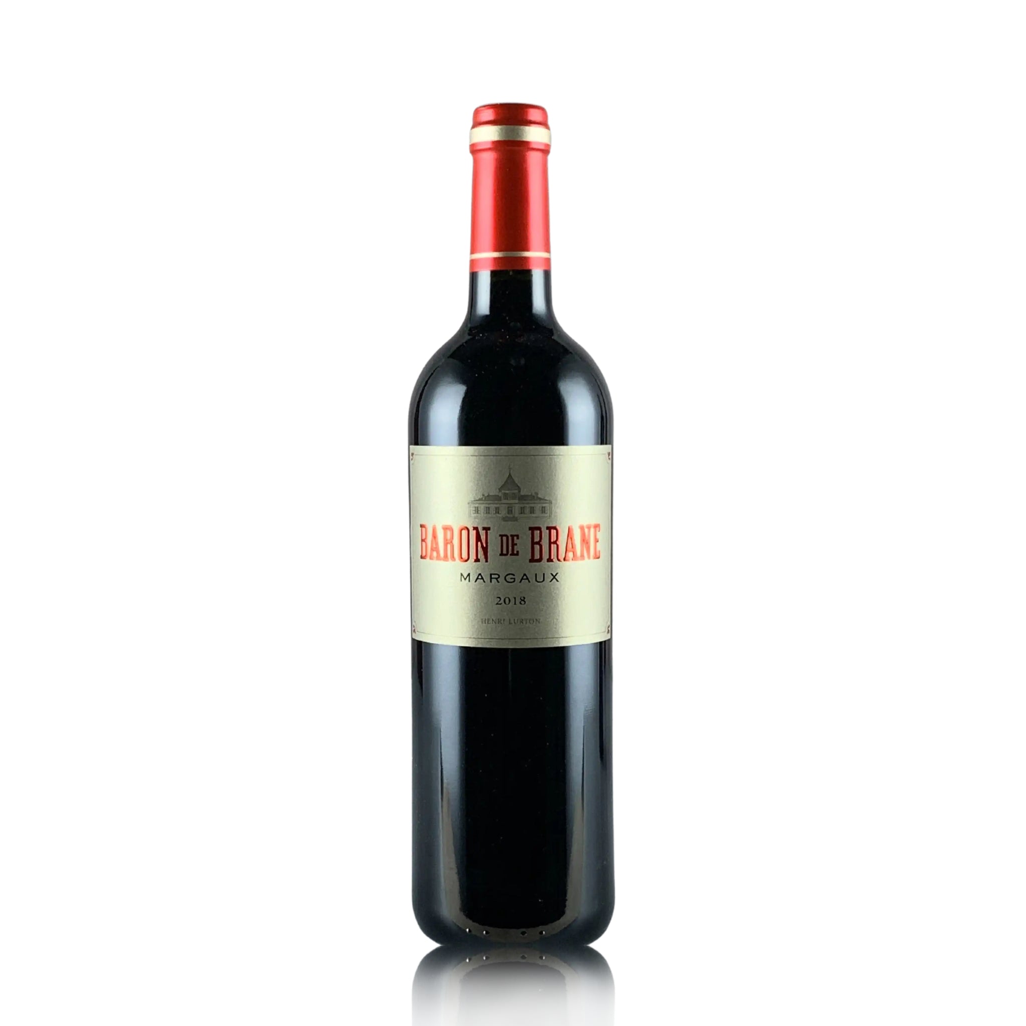 A bottle of Baron de Brane Margaux 2018 red wine