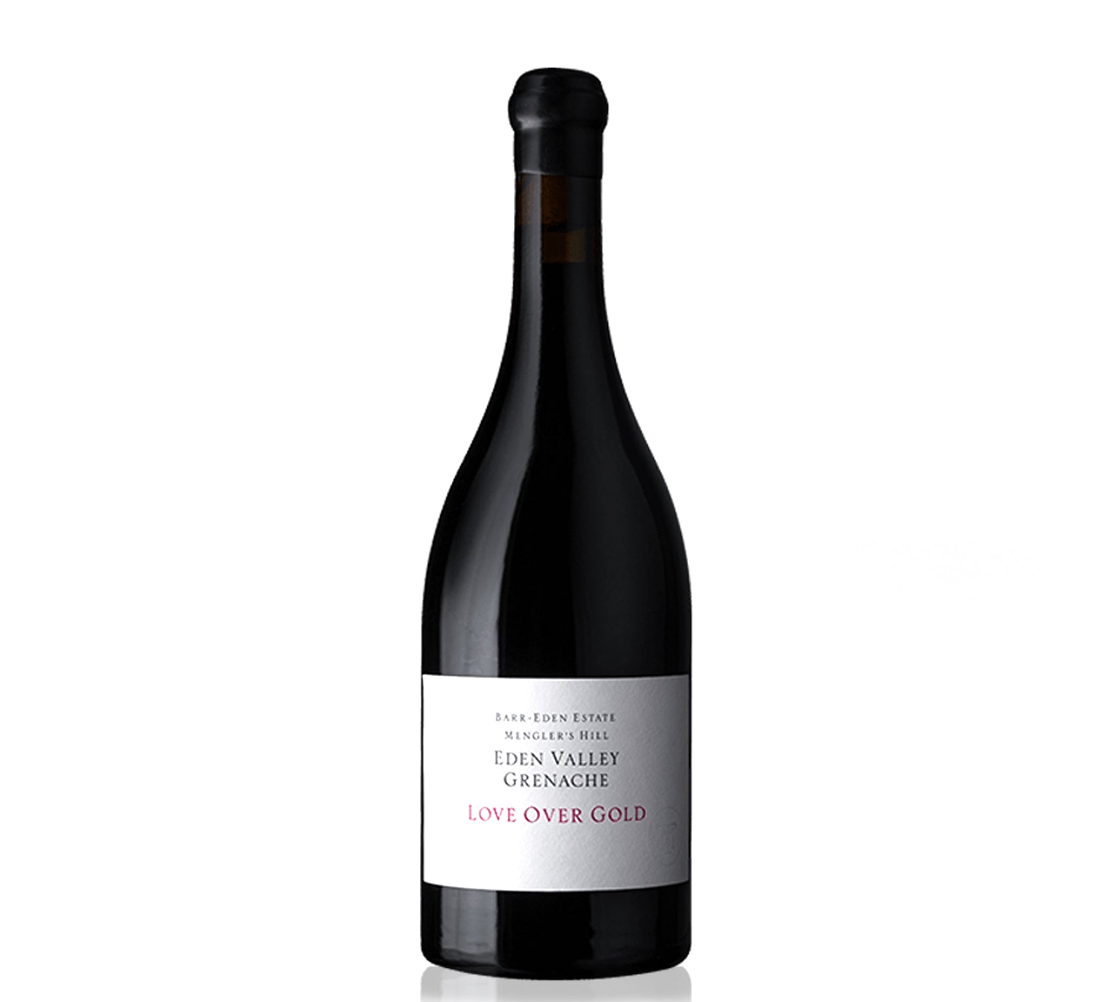 Bottle of Barr-Eden Estate Love Over Gold Grenache wine with a dark label and minimalist design.