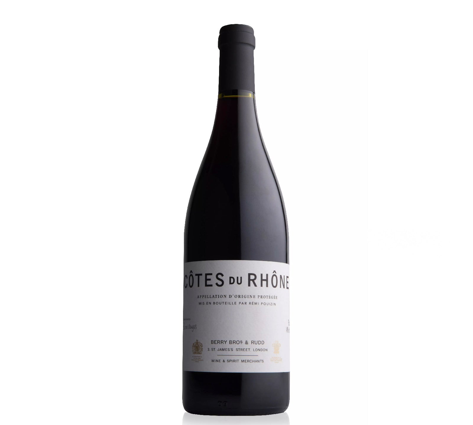 Wine bottle with 'Côtes du Rhène' label on a white background