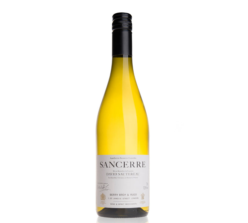 A bottle of Berry Bros. & Rudd Sancerre by Domaine J. Sautereau Crezancy white wine with a yellow label.