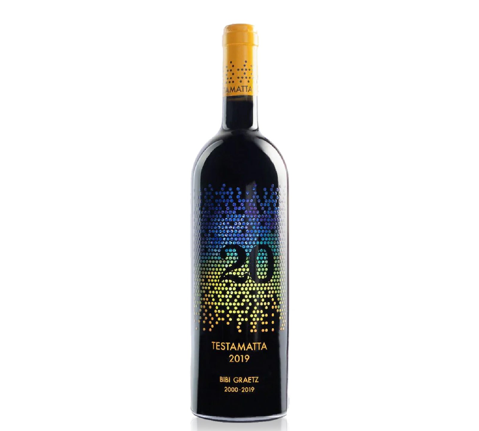 A bottle of Bibi Graetz Testamatta Sangiovese 2019 wine with a colorful label.