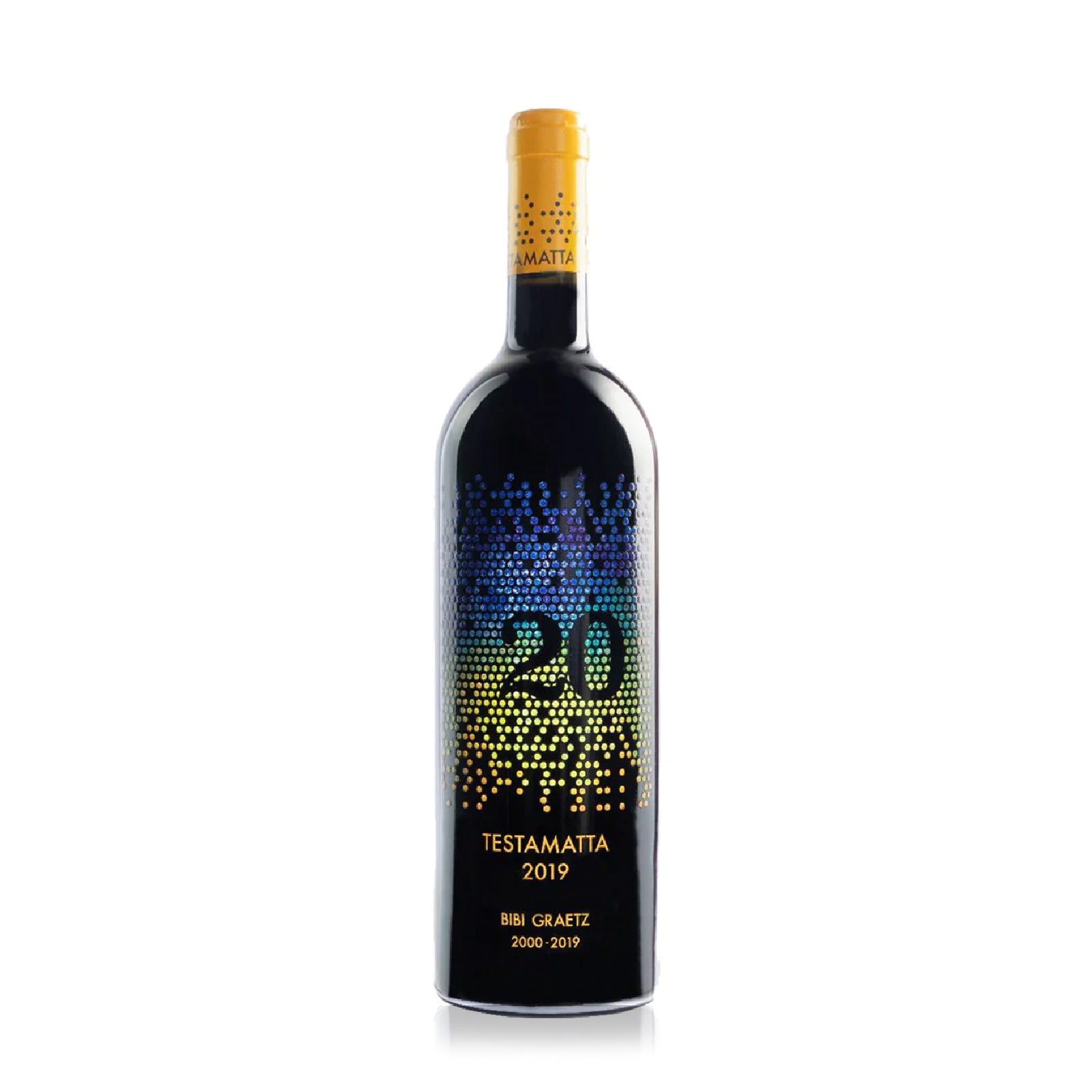 A bottle of Bibi Graetz Testamatta Sangiovese 2019 wine with a colorful label.