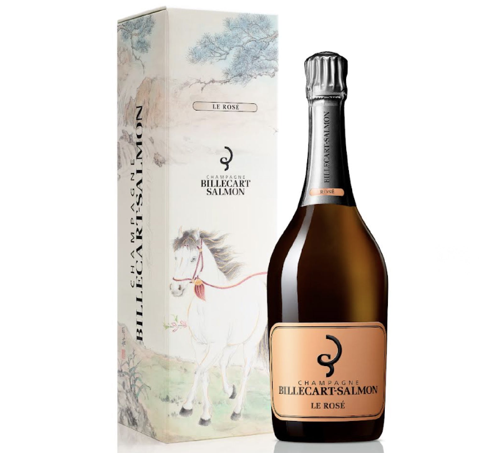 Bottle of Champagne Bellecart Salmon Le Rosé with packaging featuring a horse illustration on a white background