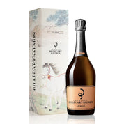 Bottle of Champagne Bellecart Salmon Le Rosé with packaging featuring a horse illustration on a white background