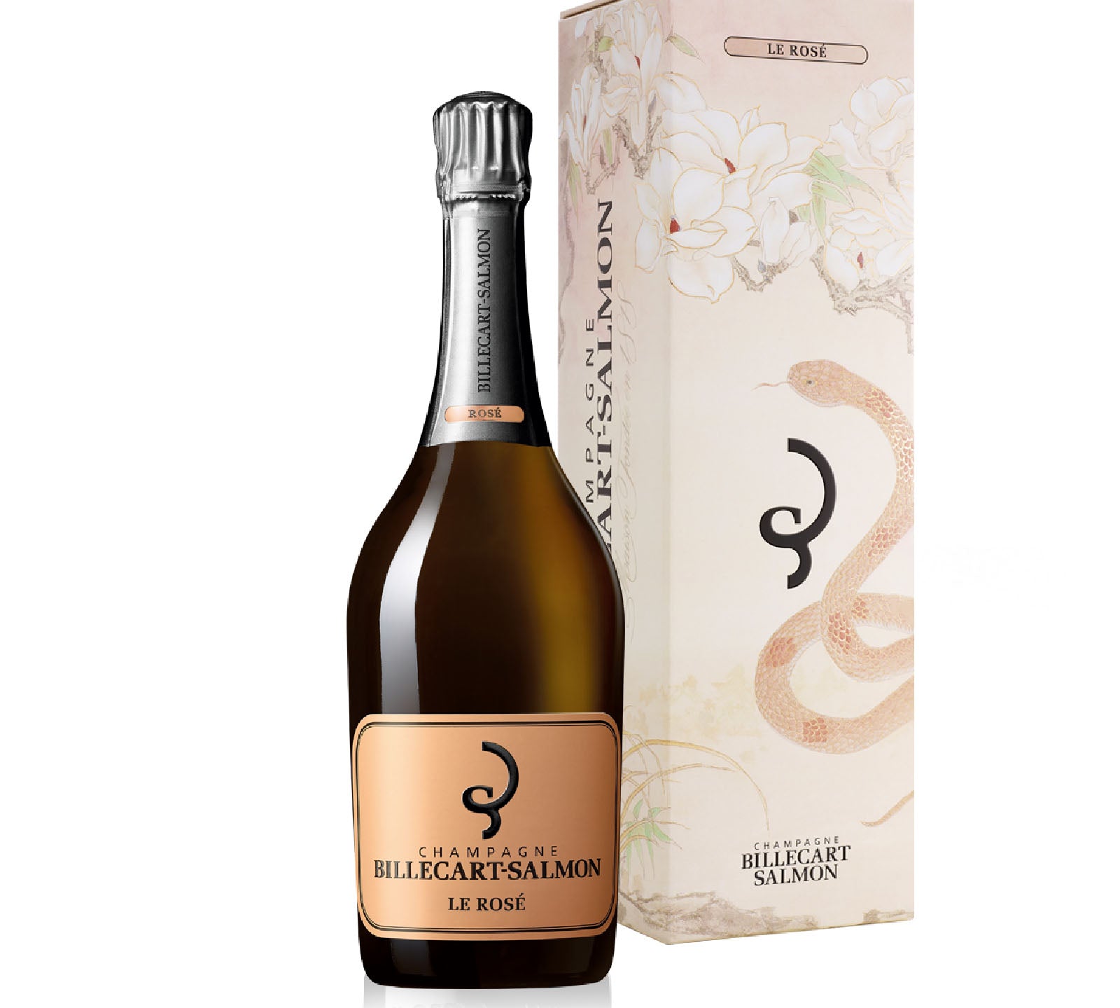 A bottle of Billecart Salmon Champagne Rose Year of Snake 2025 Brut NV 750ml with its decorative packaging.