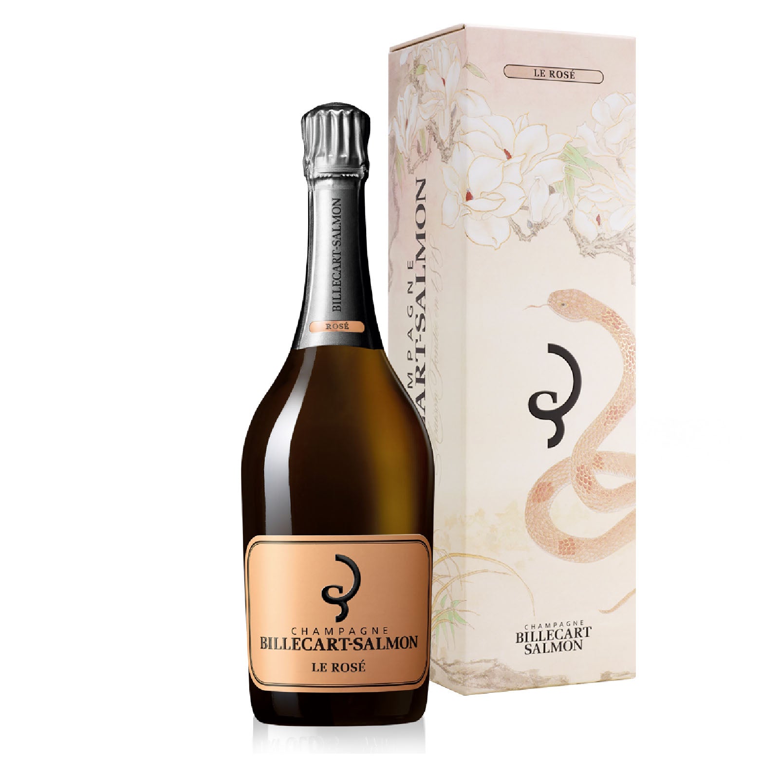A bottle of Billecart Salmon Champagne Rose Year of Snake 2025 Brut NV 750ml with its decorative packaging.