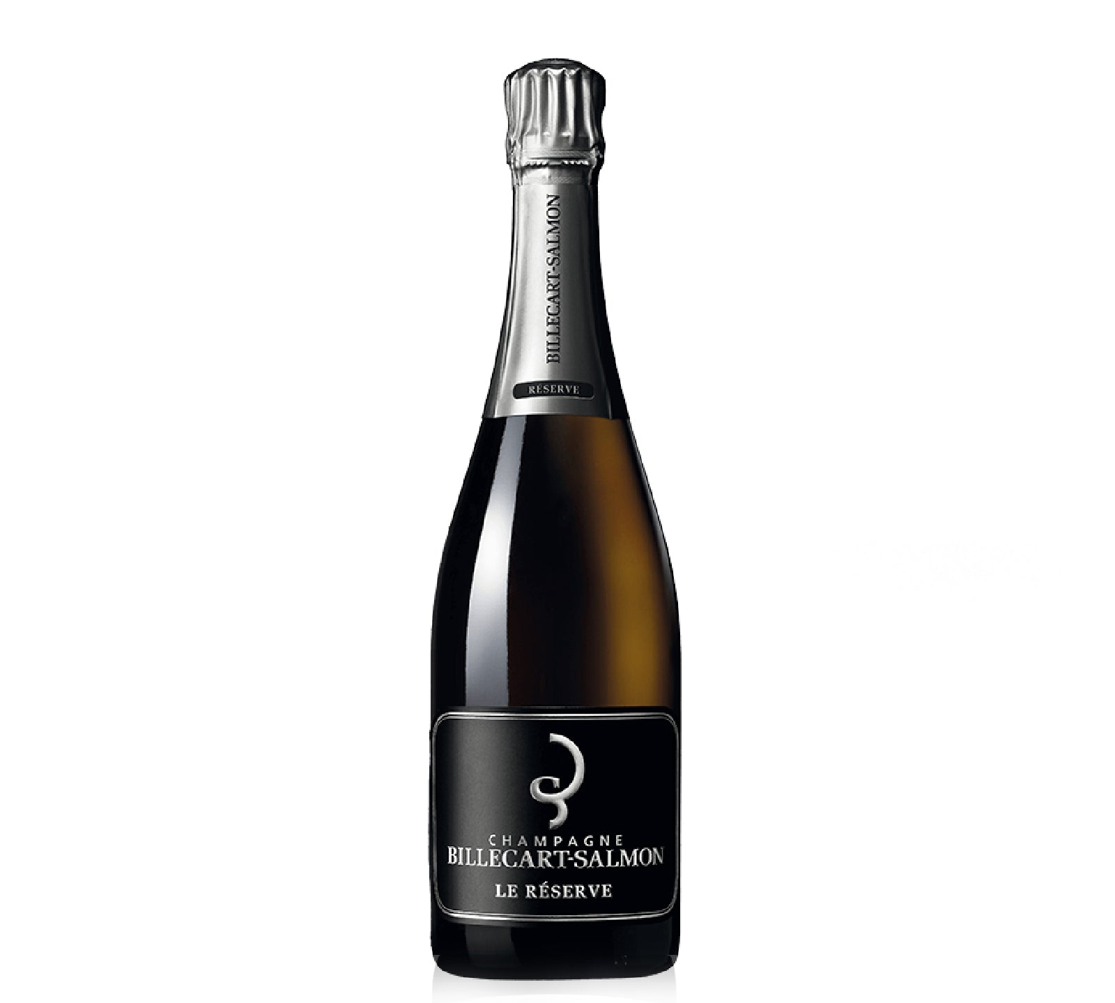 A bottle of Billecart Salmon Champagne Le Reserve NV with a black and silver label, indicating the brand and champagne type.