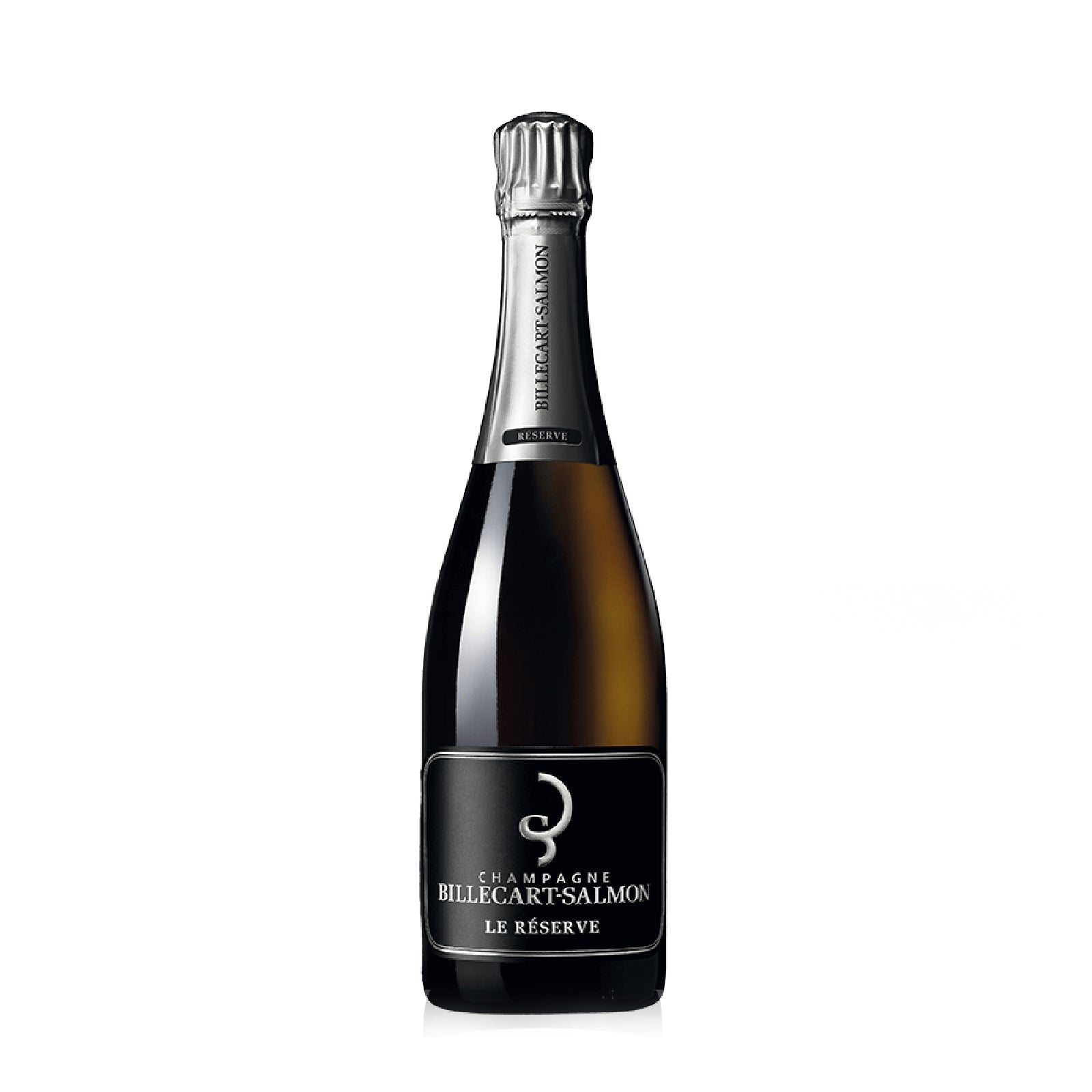 A bottle of Billecart Salmon Champagne Le Reserve NV with a black and silver label, indicating the brand and champagne type.