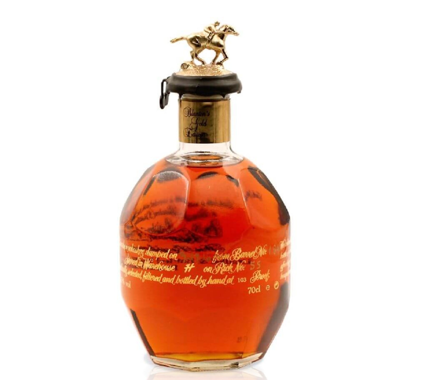 Bottle of Blanton's Gold Edition Single Barrel Bourbon 700ml, featuring a rich amber hue and a distinctive horse and jockey stopper.