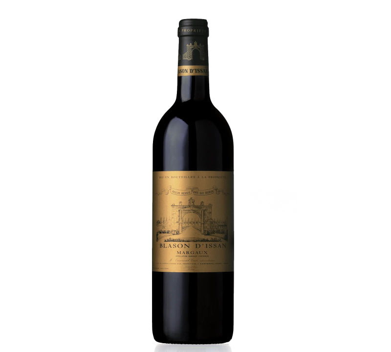 A bottle of Blason D'Issan Margaux wine with a label that includes the wine name and a graphic of a building, indicating it is a second wine from Chateau d'Issan.