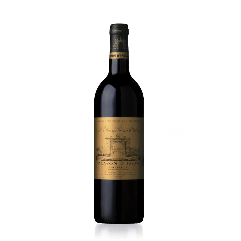 A bottle of Blason D'Issan Margaux wine with a label that includes the wine name and a graphic of a building, indicating it is a second wine from Chateau d'Issan.