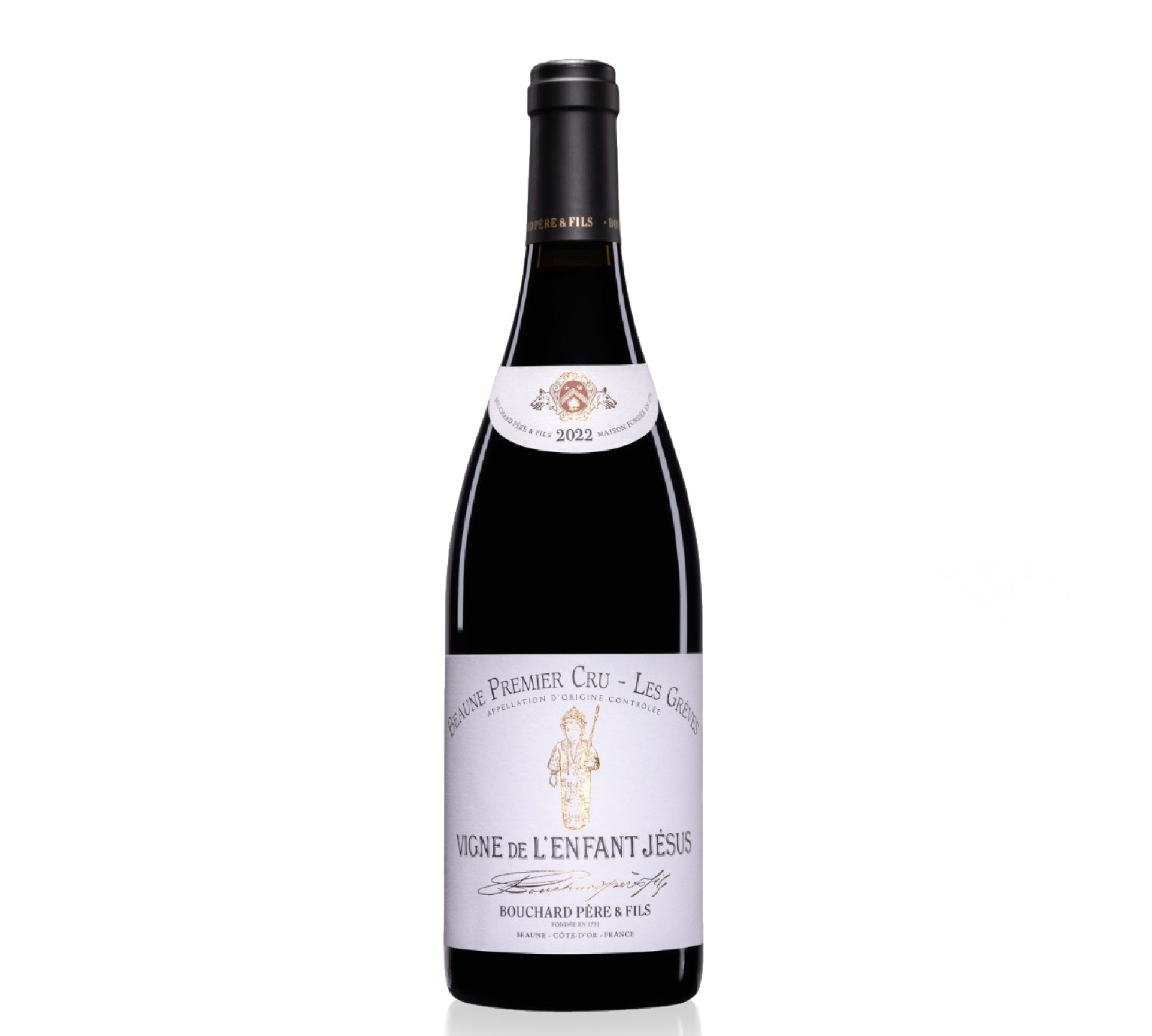 A bottle of Bouchard Pere & Fils Beaune Greves Vigne de L'Enfant Jesus Premier Cru 2022 red wine with a label indicating it is a 750ml bottle.