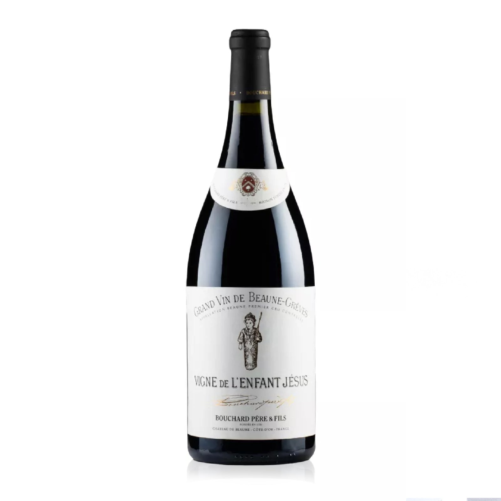 Magnum bottle of Bouchard Père & Fils Beaune Grèves “Vigne de l’Enfant Jésus” with cherry, raspberry, spice, and earthy notes.