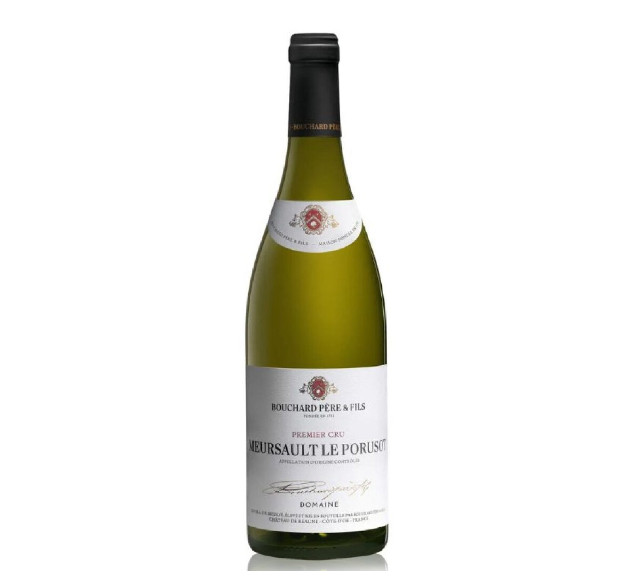 Bottle of Bouchard Pere & Fils Meursault Le Porusot Premier Cru white wine.