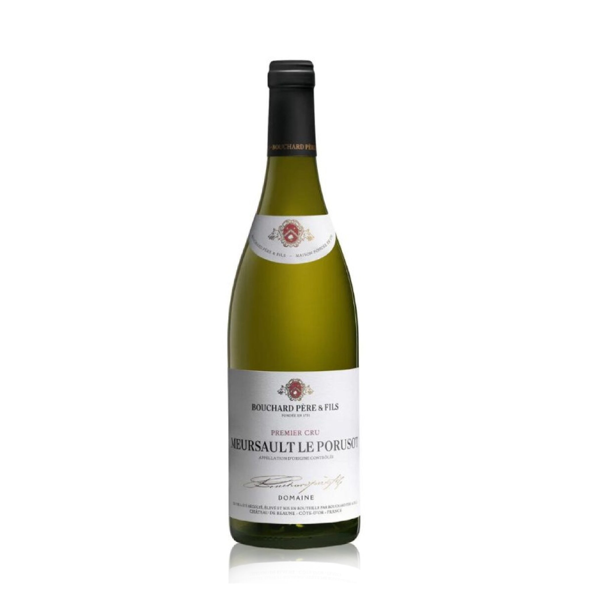 Bottle of Bouchard Pere & Fils Meursault Le Porusot Premier Cru white wine.