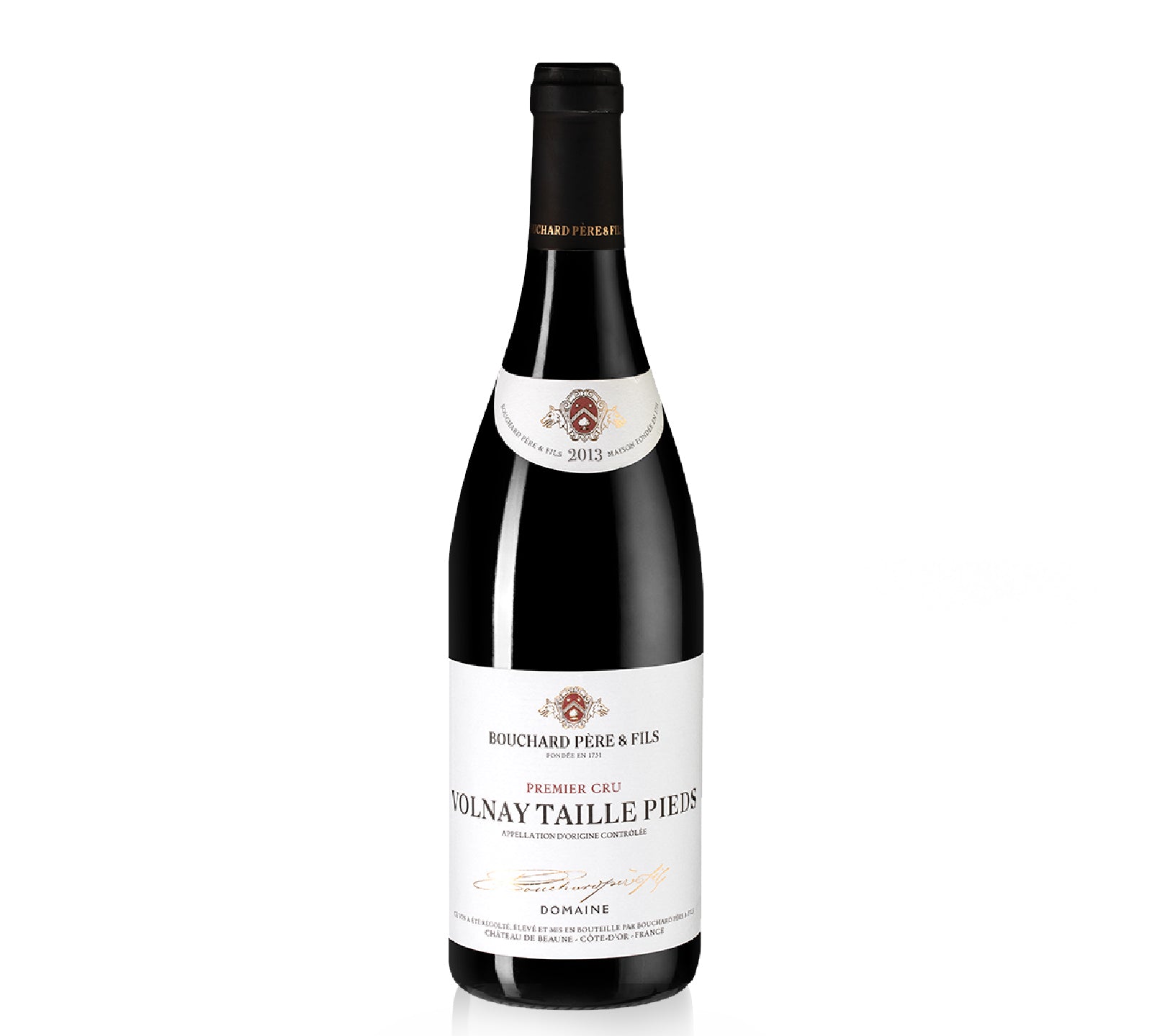 Bottle of Bouchard Père & Fils Volnay 1er Cru Taillepieds 2013 with cherry, raspberry, and floral notes.