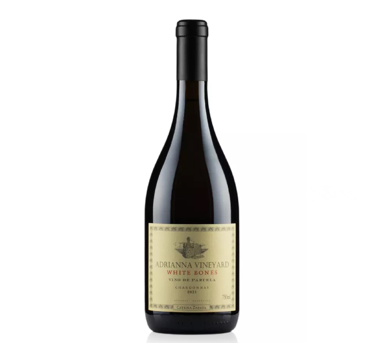 Bottle of Catena Zapata Adrianna Vineyard White Bones 2021 with citrus, green apple, and floral notes.