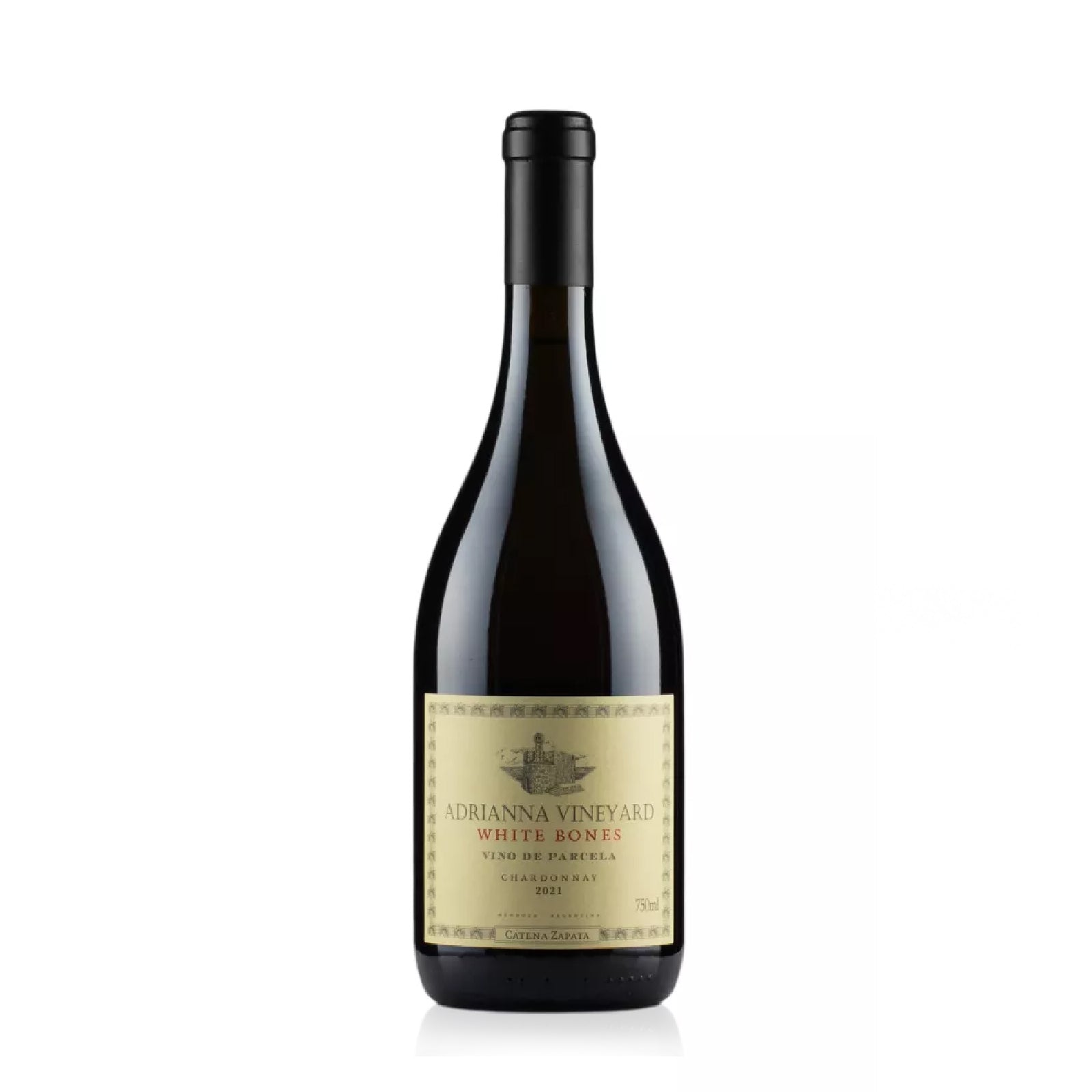 Bottle of Catena Zapata Adrianna Vineyard White Bones 2021 with citrus, green apple, and floral notes.