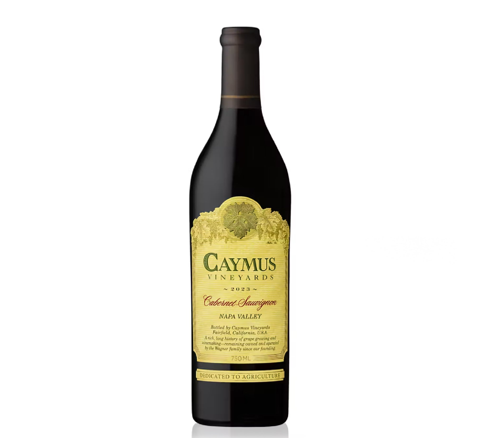 A bottle of Caymus Vineyards Cabernet Sauvignon from Napa Valley 2023 red wine.