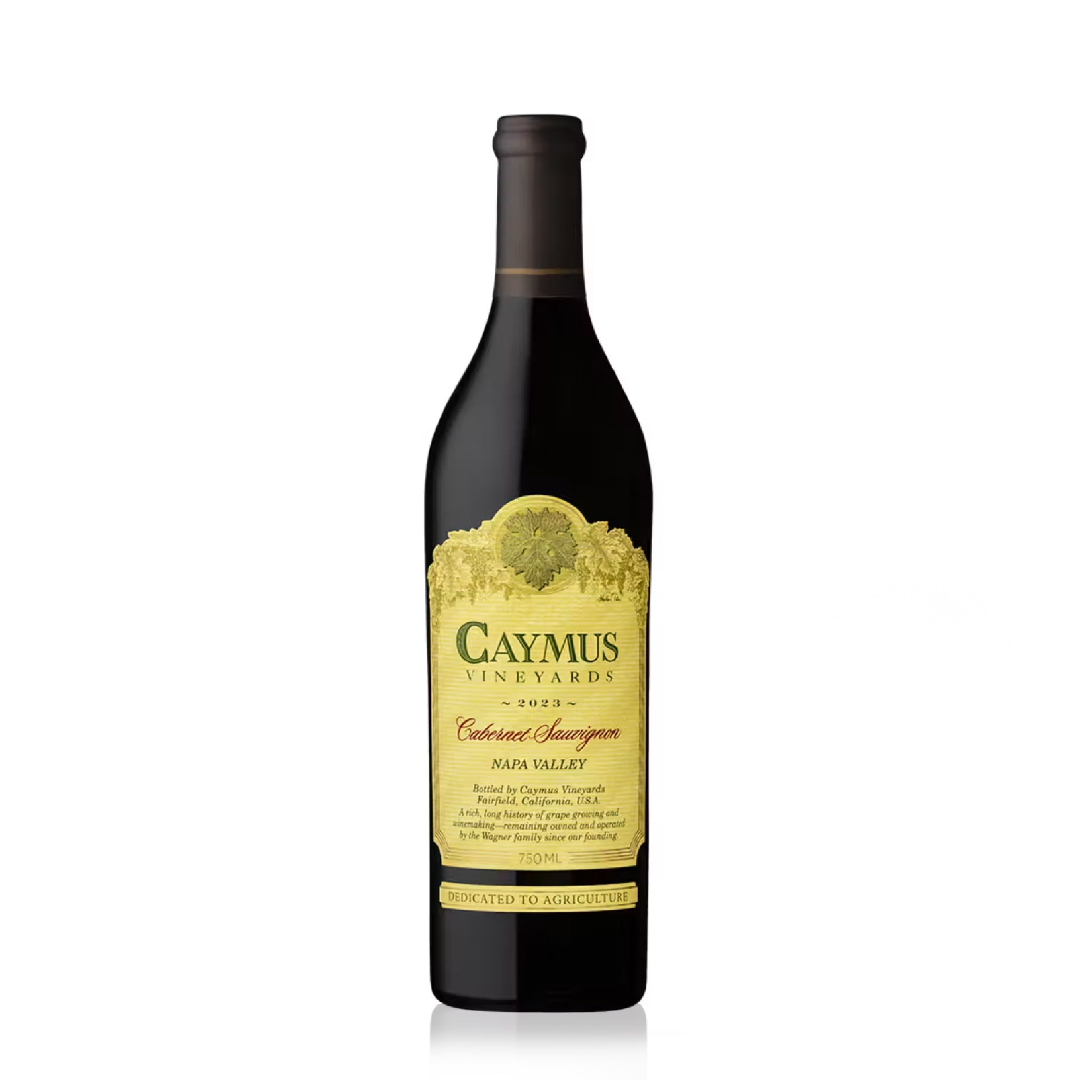 A bottle of Caymus Vineyards Cabernet Sauvignon from Napa Valley 2023 red wine.