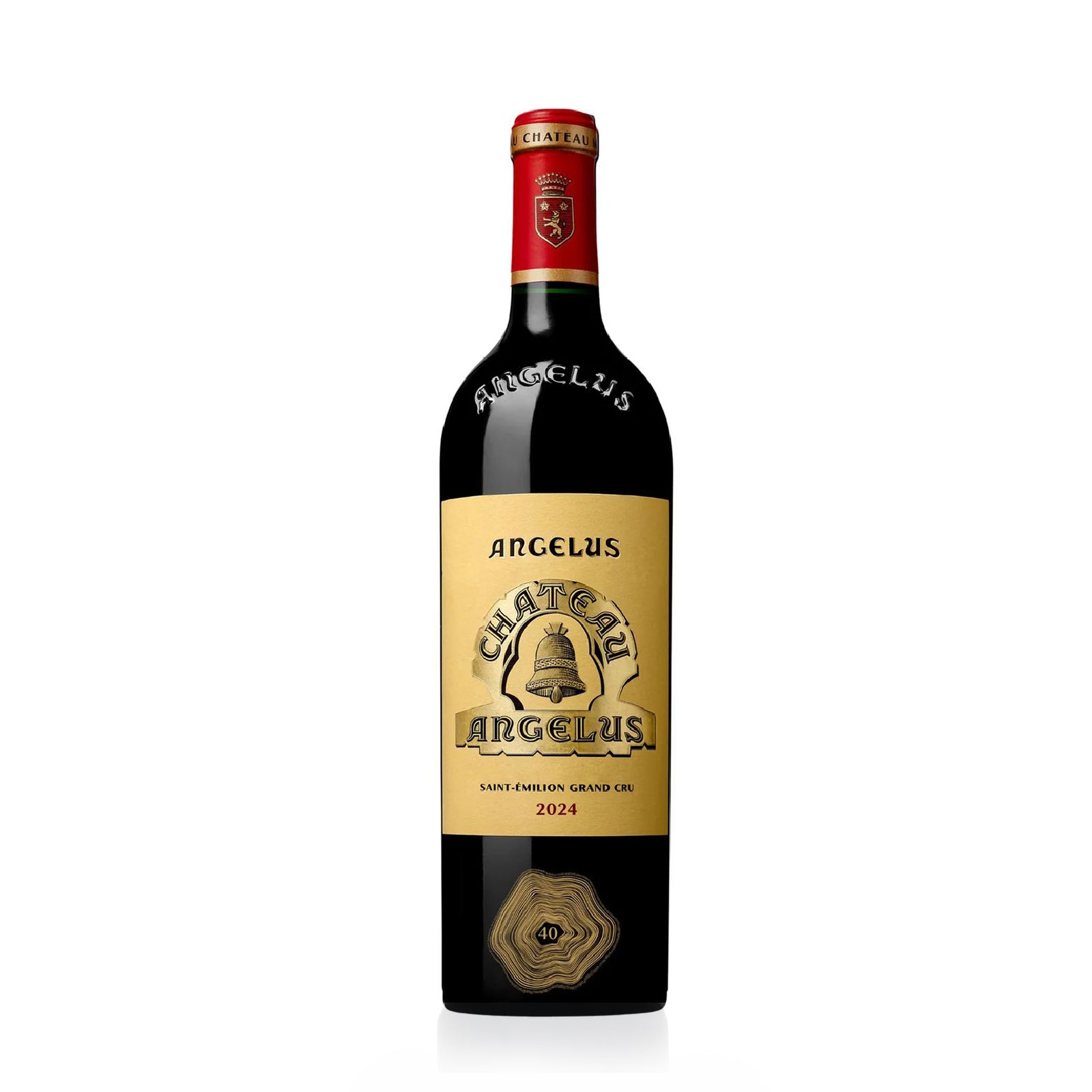 Bottle of Château Angélus Saint-Émilion Grand Cru 2024 with plum, black cherry, and spice notes.