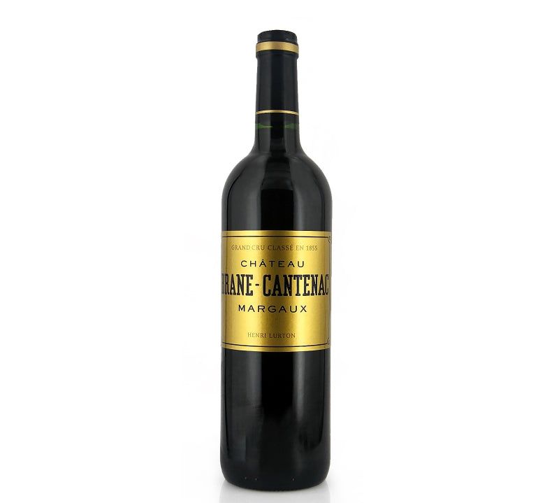 Bottle of Chateau Brane Cantenac Margaux wine with a gold label on a white background