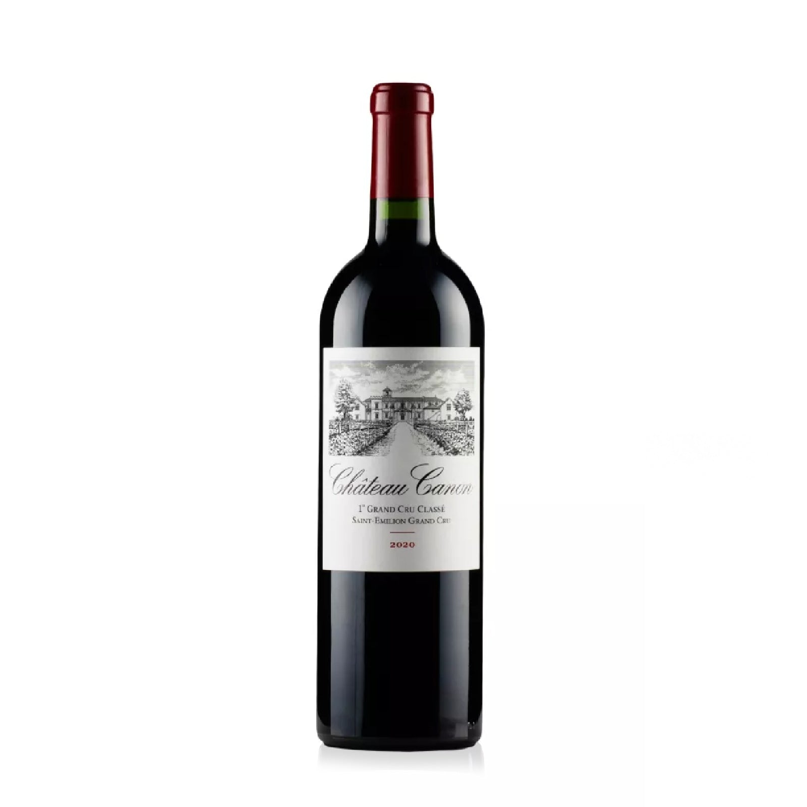 Bottle of Chateau Canon St-Emilion 2020 red wine with a label featuring the chateau's name and the year.