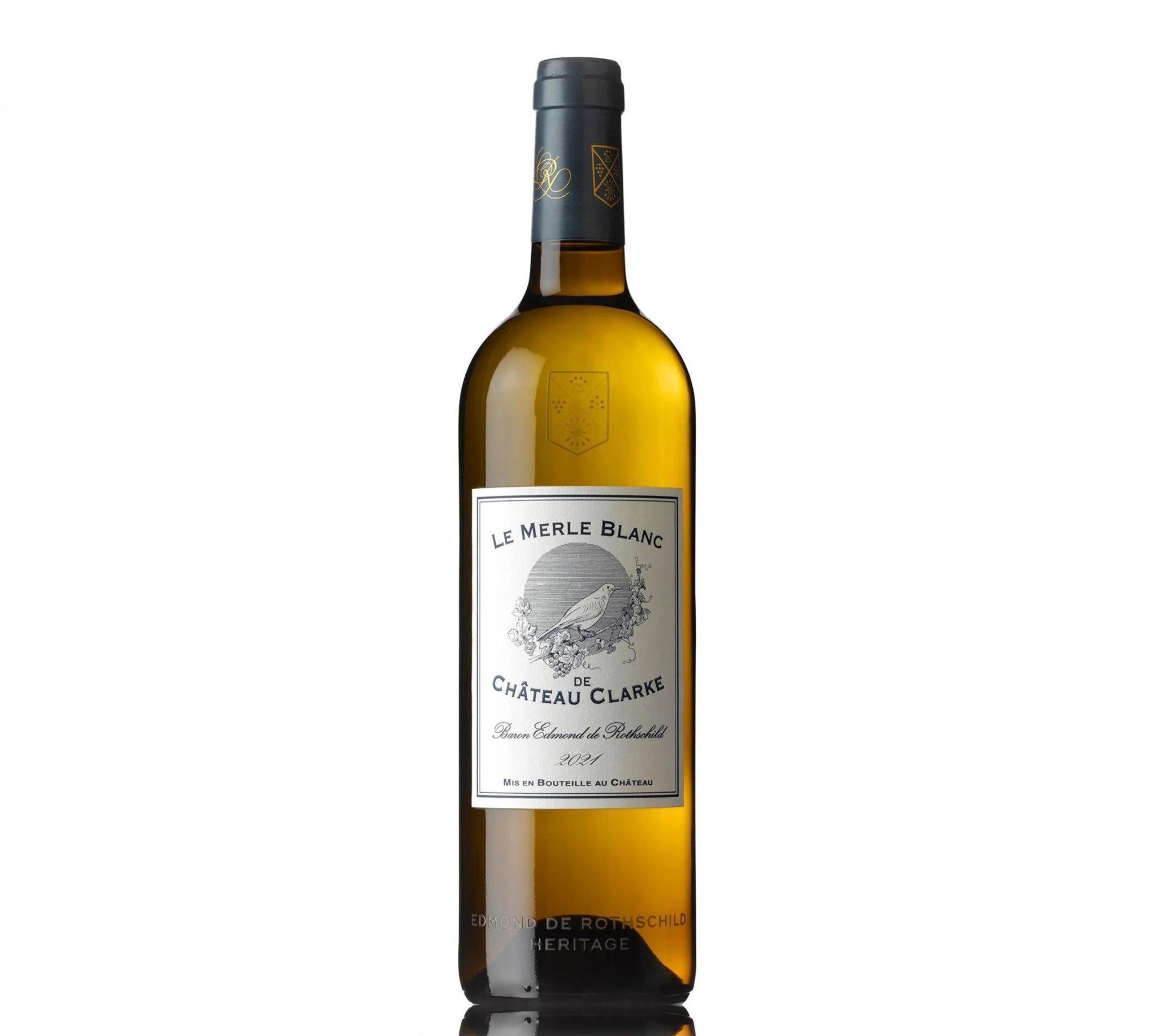 Wine bottle labeled 'Le Merle Blanc' from Chateau Clarke white wine
