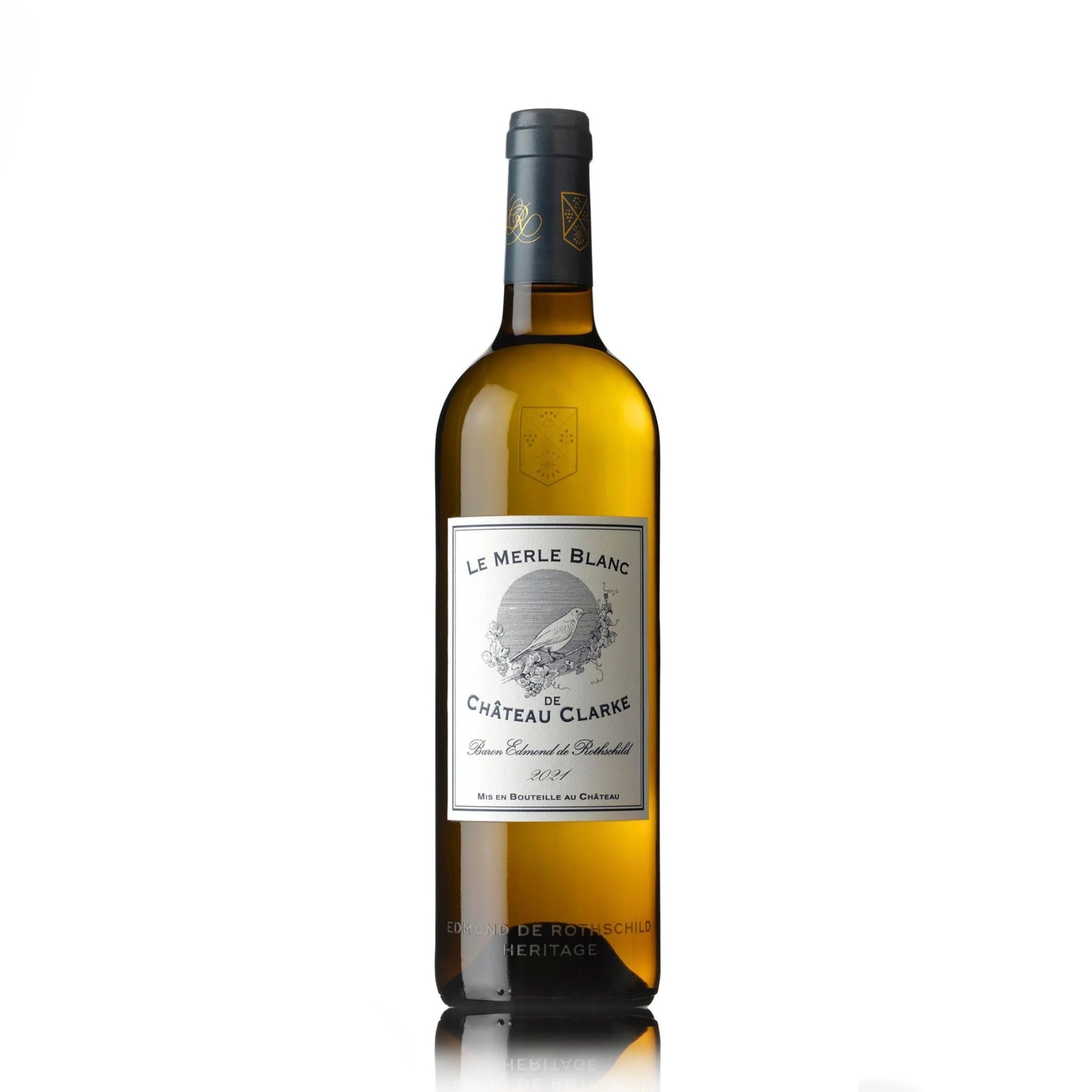 Wine bottle labeled 'Le Merle Blanc' from Chateau Clarke white wine