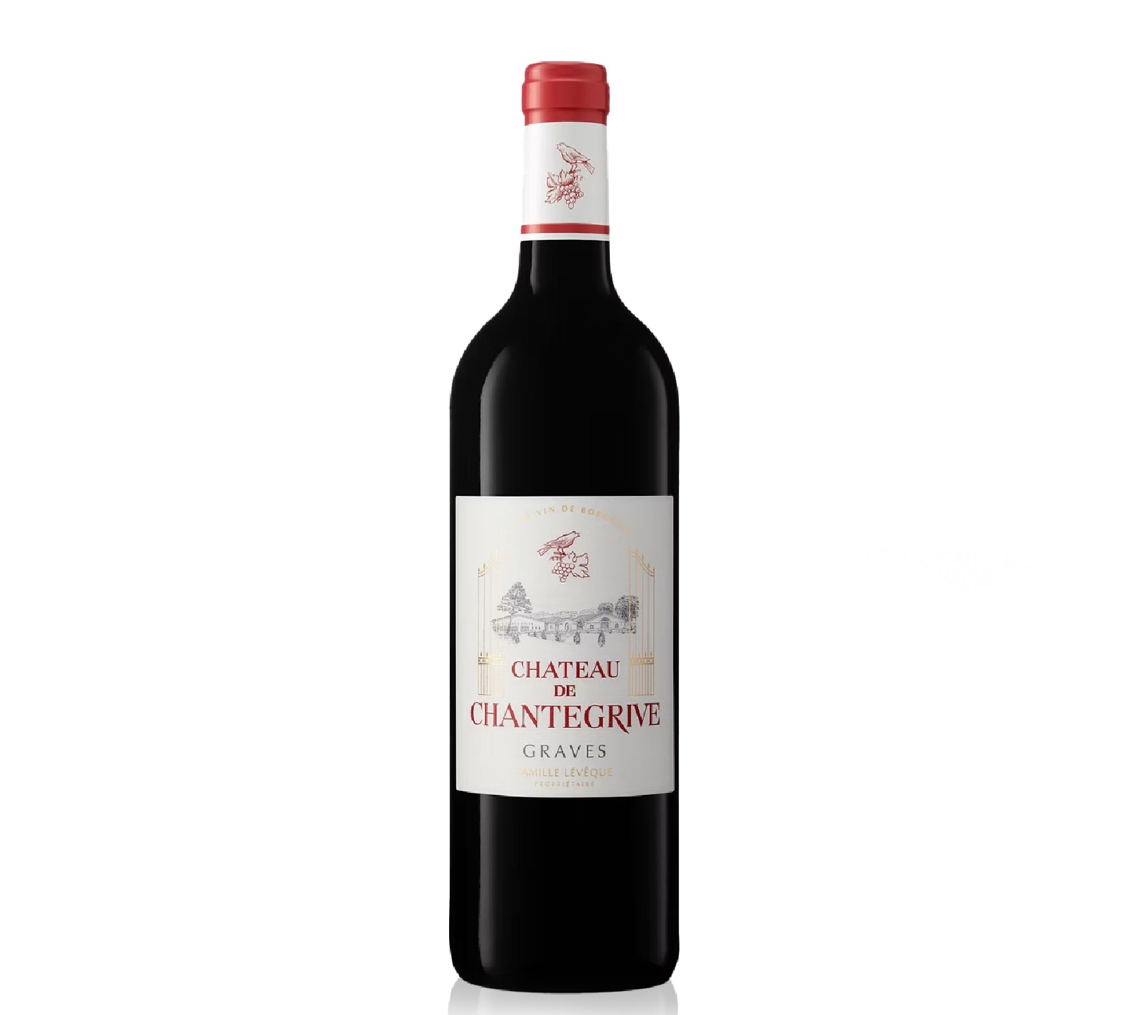 Bottle of Château de Chantegrive Graves Rouge with red berry, plum, spice, and oak notes.