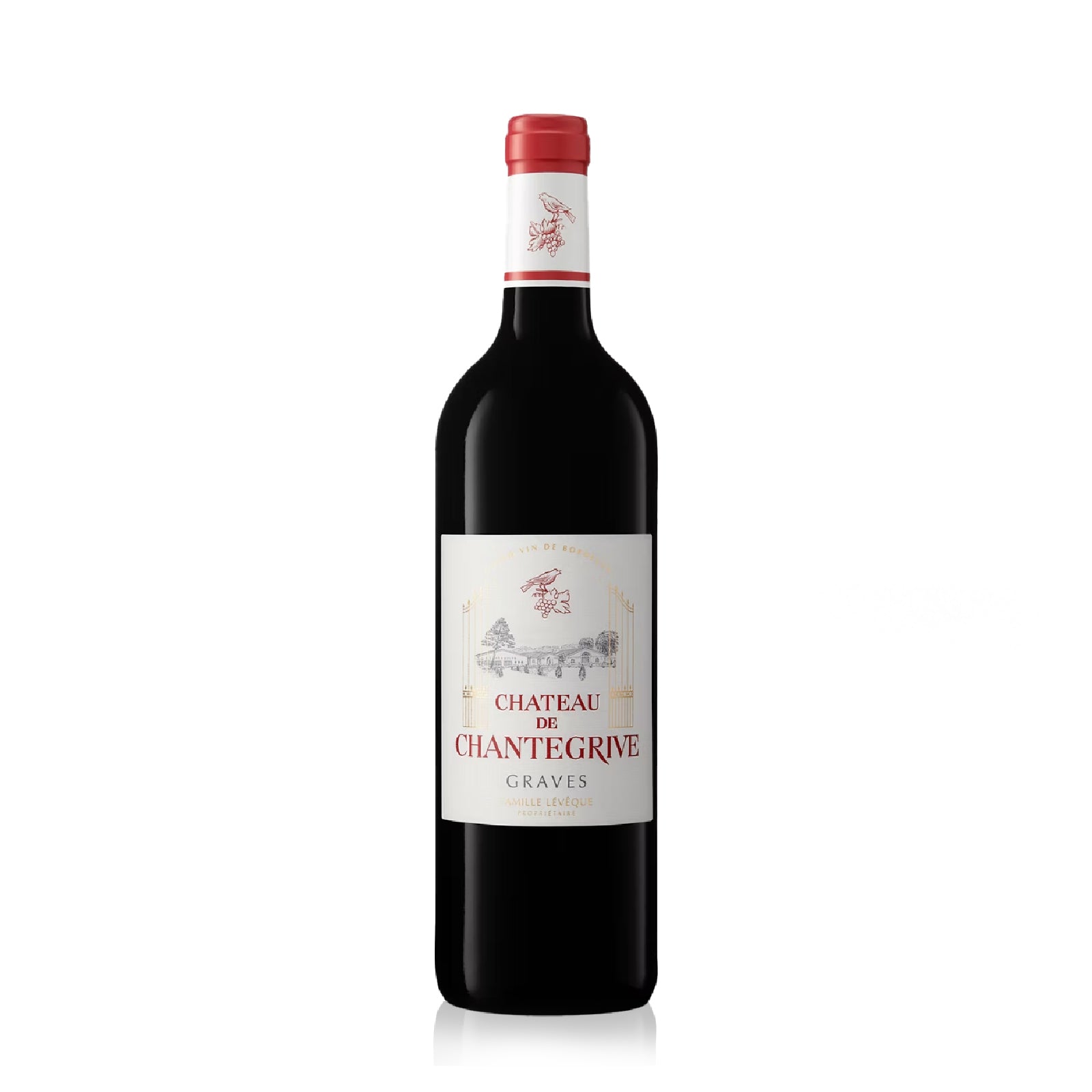 Bottle of Château de Chantegrive Graves Rouge with red berry, plum, spice, and oak notes.