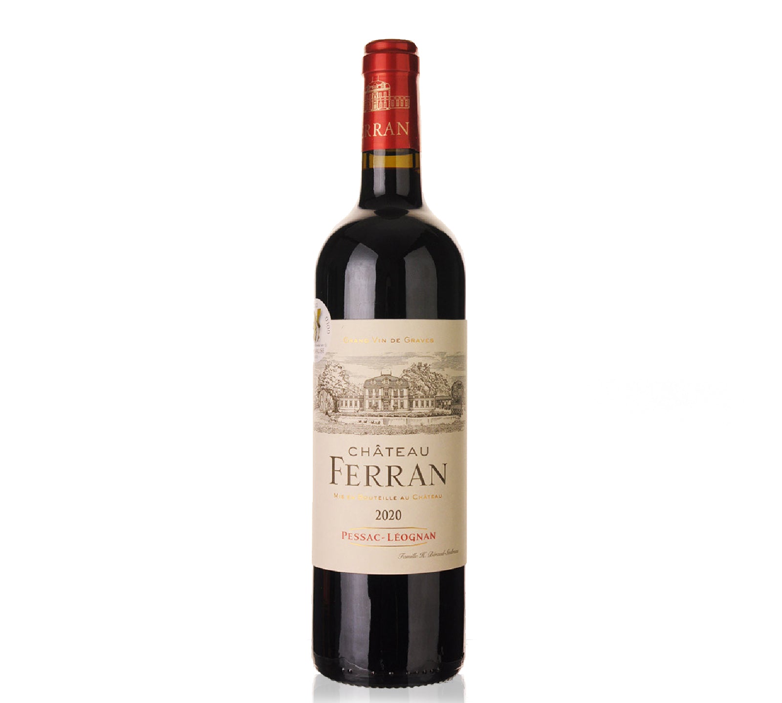 A bottle of Ferran Rouge Pessac-Leognan 2020 red wine
