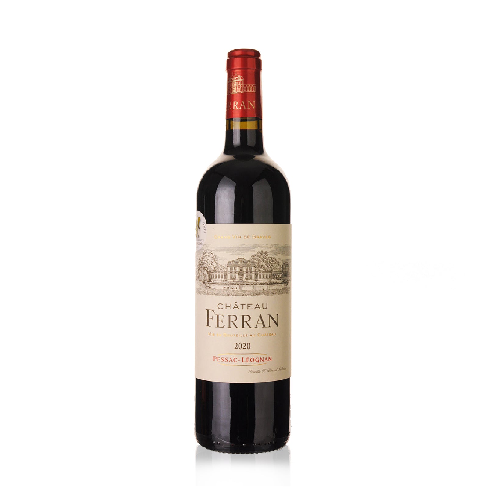 A bottle of Ferran Rouge Pessac-Leognan 2020 red wine