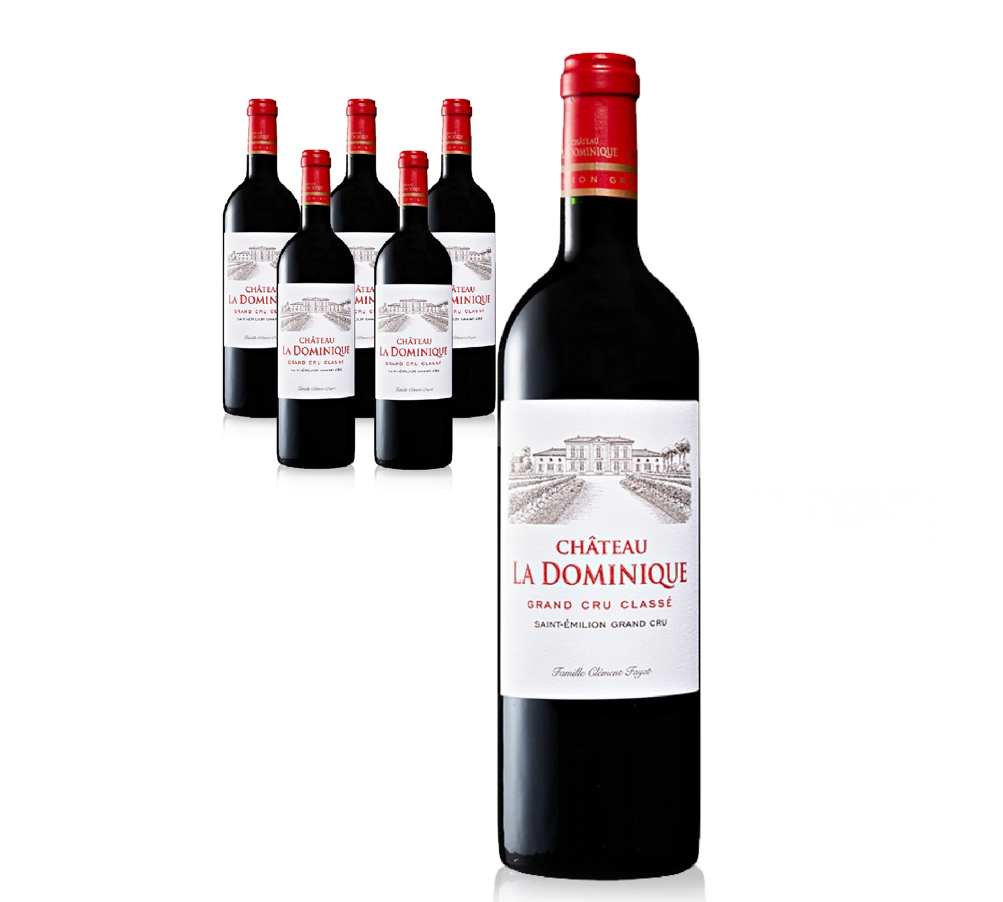 Château La Dominique red wine bottles on a white background