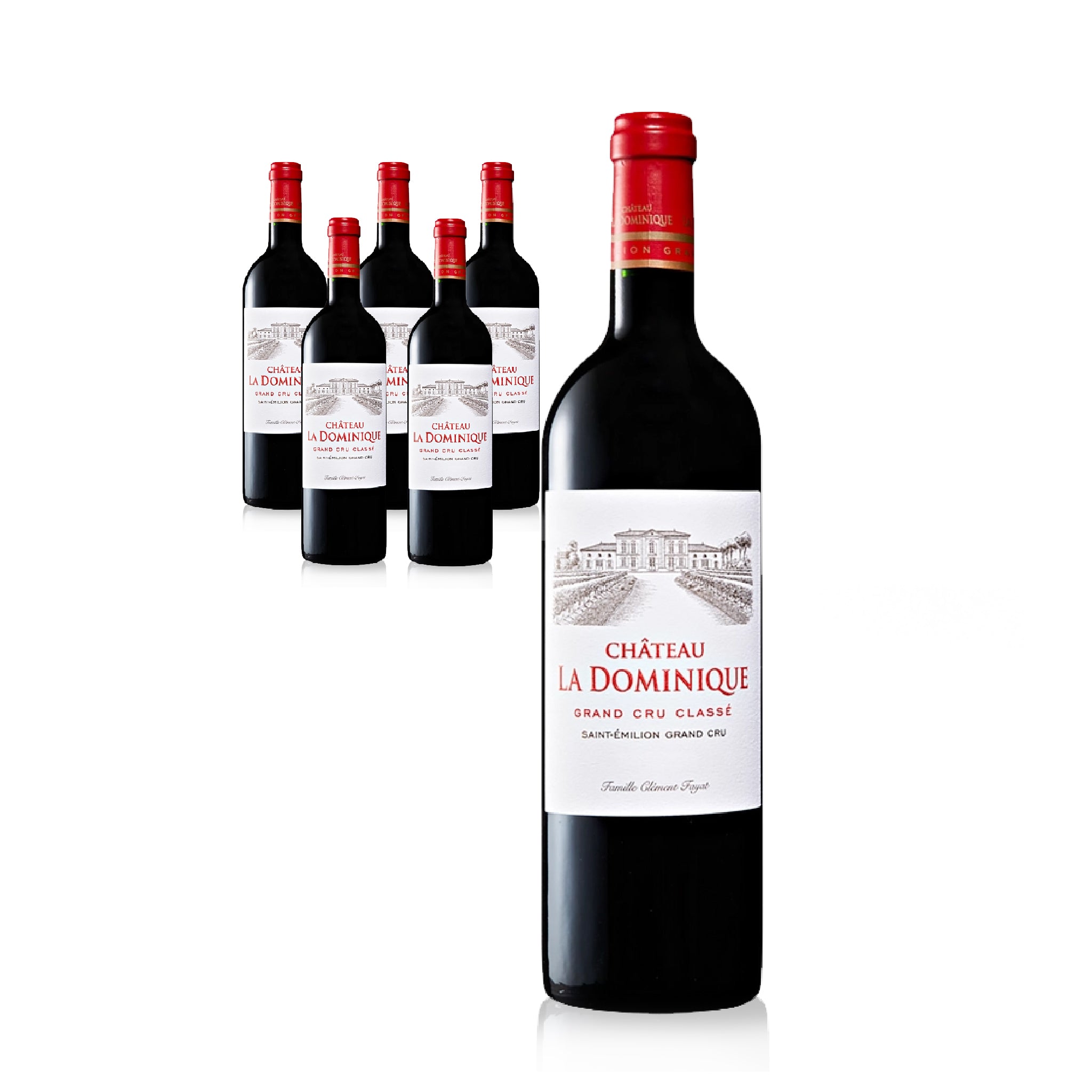 Château La Dominique red wine bottles on a white background