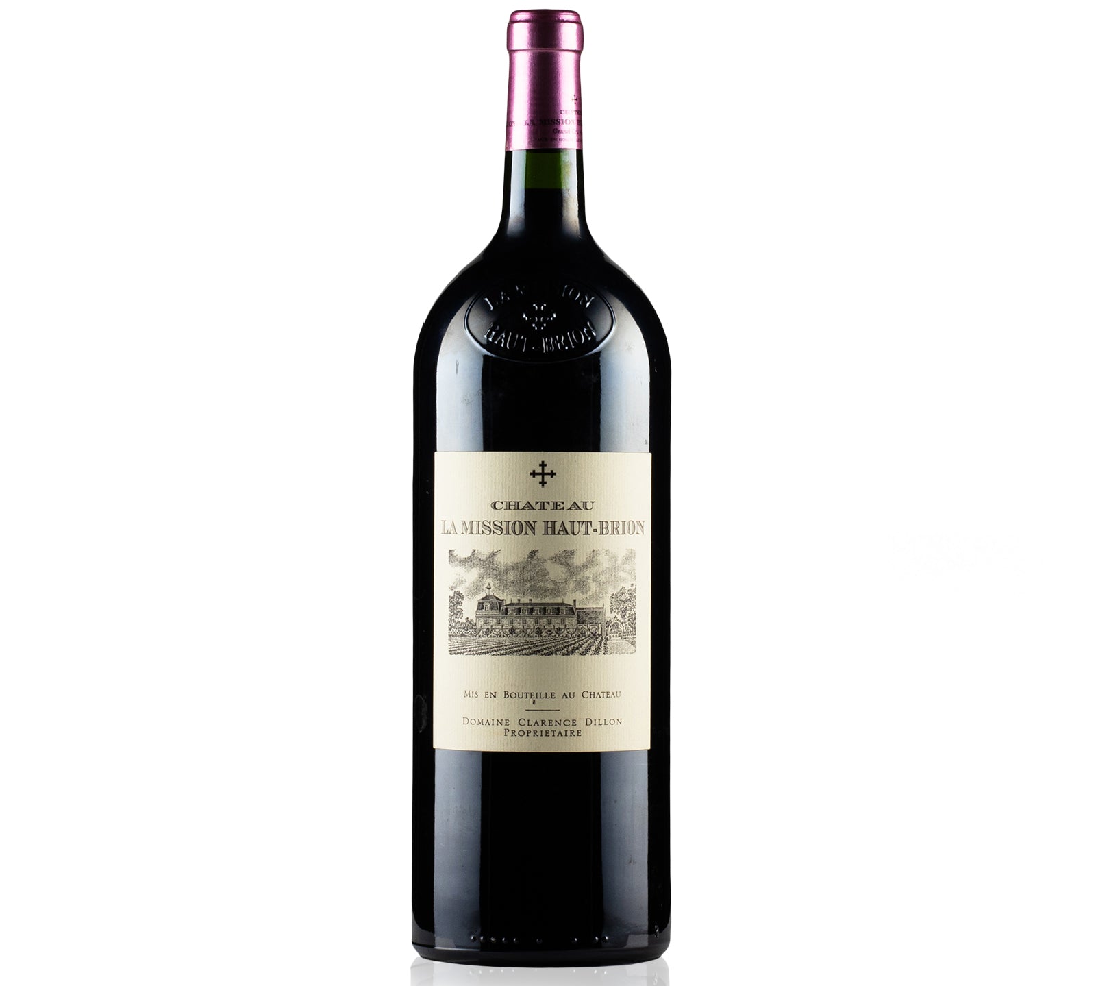 Magnum bottle of Château La Mission Haut-Brion wine on a white background