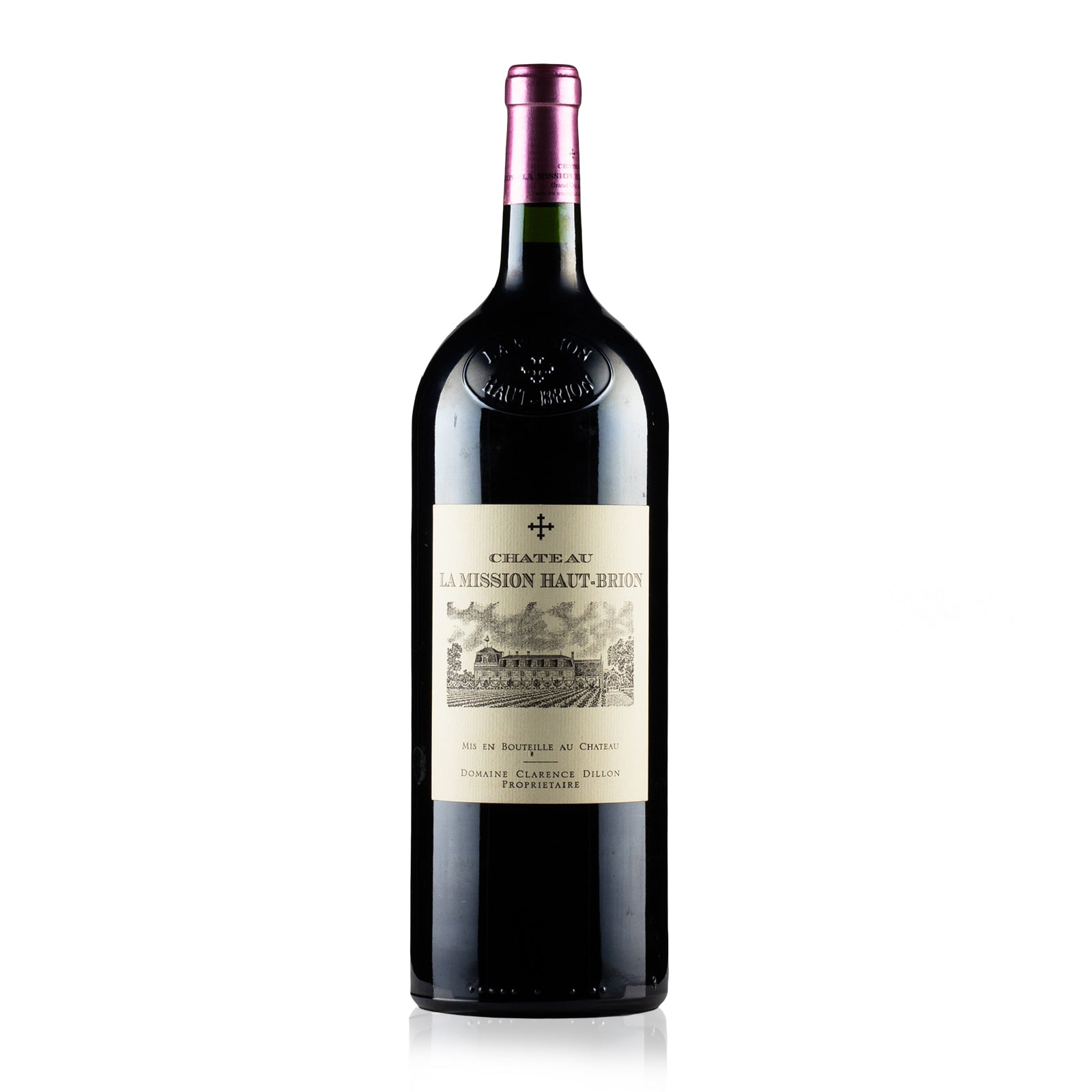Magnum bottle of Château La Mission Haut-Brion wine on a white background