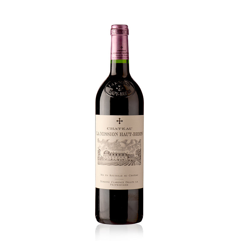 Bottle of Chateau la Mission Haut Brion Pessac-Leognan wine with a label that includes the wine name and details about the vintage.