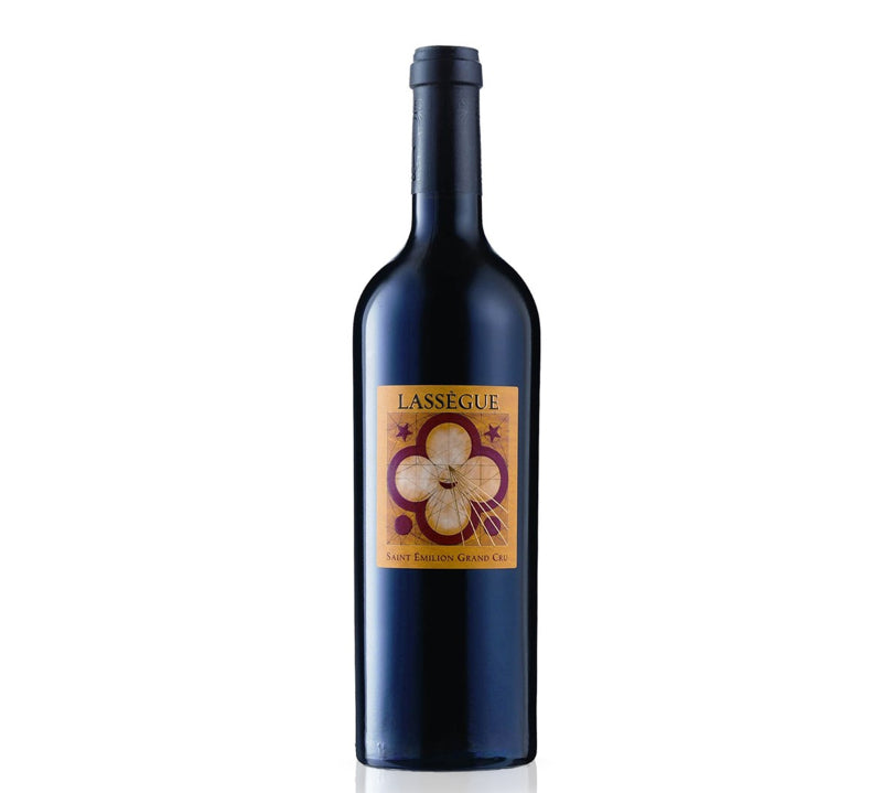 A bottle of Chateau Lassegue red wine.